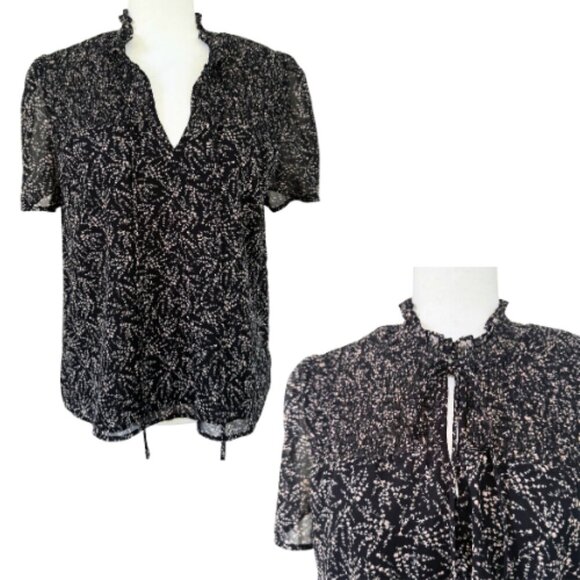 PETITE ASSEMBLY Black Printed Tie Neck Short Sleeve Blouse Size LP - Picture 2 of 12